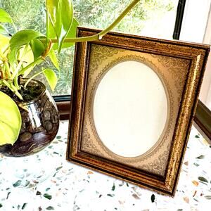 Vintage Gold Gilt Picture Frame Oval Opening Ornate Metal Mat
